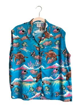 Vintage Island Planet Sleeveless Ocean Fish Sea Turtle Print Button Up Top XL